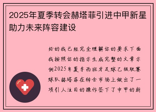2025年夏季转会赫塔菲引进中甲新星助力未来阵容建设